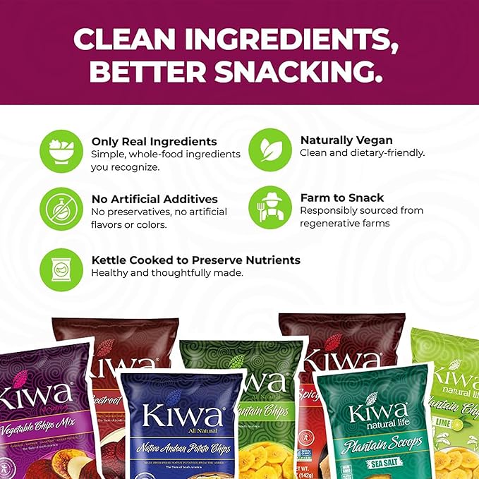 Kiwa Healthy Veggie Chips - Vegetable Snacks for Kids & Adults - Exotic Chips with Plantain, Beet