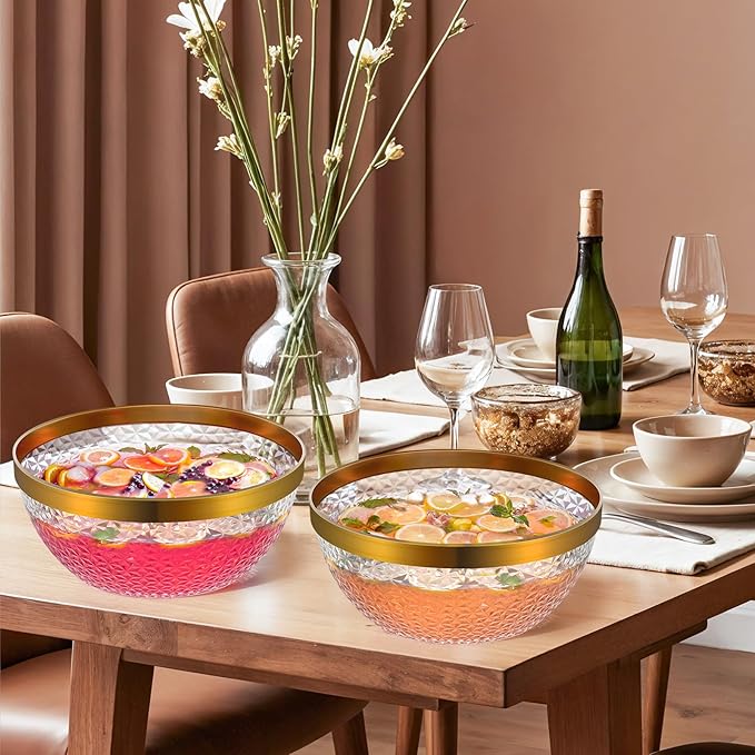 NiHome Gold Trim Clear Plastic Punch Bowl with Ladle and Tong for Parties, Weddings, BBQs, 1.4