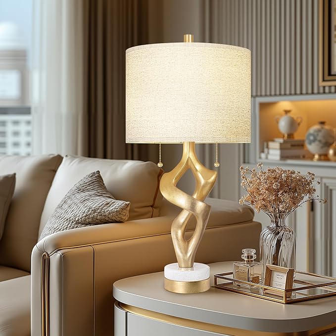 Scenekoy Sculptural Table Lamp Set of 2 with USB Ports for Bedroom Living Room, 26” Gold Leaf