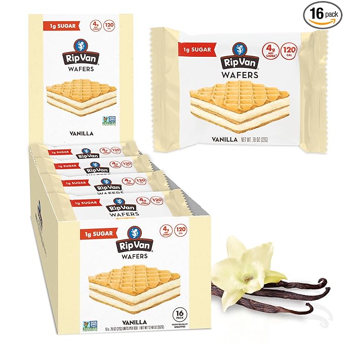 Rip Van Vanilla Keto Wafer Cookies, Healthy Vegan Snack, Non GMO, Low Carb, Low Sugar (1g), Low