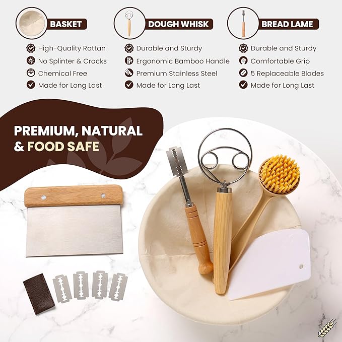 BAKERIA 9" Banneton Proofing Basket Kit (Round) ??Sourdough Bread Making Set with Danish Whisk