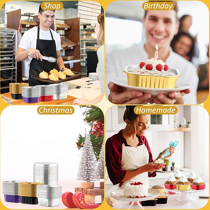 Aoriher 300 Pieces 10 oz Mini Cake Pans with Lids, Aluminum Foil Baking Cups, Square Disposable