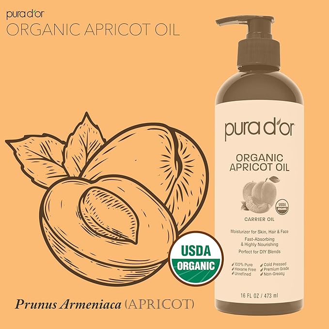 PURA D'OR 16 Oz ORGANIC Apricot Kernel Oil - 100% Pure & Natural USDA Certified Cold Pressed