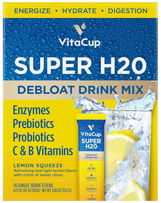 VitaCup Super H2O Bloating Relief and Digestive Health Drink Mix Packets, Probiotics, Prebiotics, C