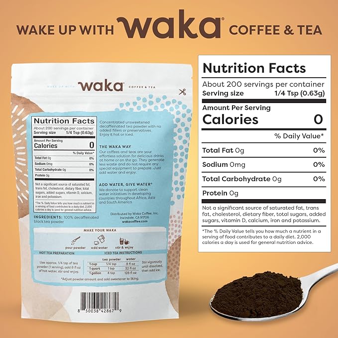 Waka Instant Black Tea Mix Pouch, Decaffeinated - 100% Tea Leaves, No Additives, Unsweetened Tea