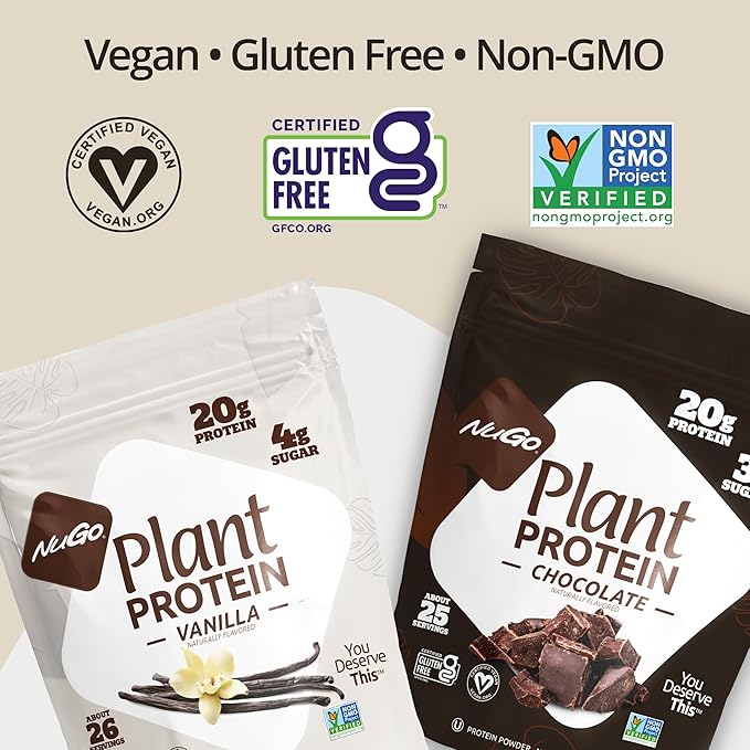 NuGo Plant Protein Powder, Chocolate, 20g Vegan Pea Protein, Low Sugar, Gluten Free, Dairy Free