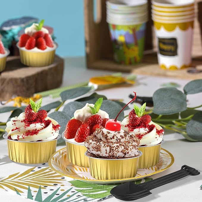 200Pack 5oz Gold Mini Cake Pans with Lids and Spoons Baking Cups Aluminum Foil Tins, Individual