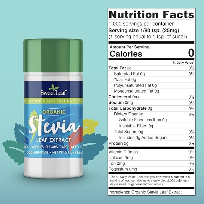 SweetLeaf Organic Pure Stevia Powder Shaker Jar - Zero Calorie Sweetener with Pure Stevia Leaf