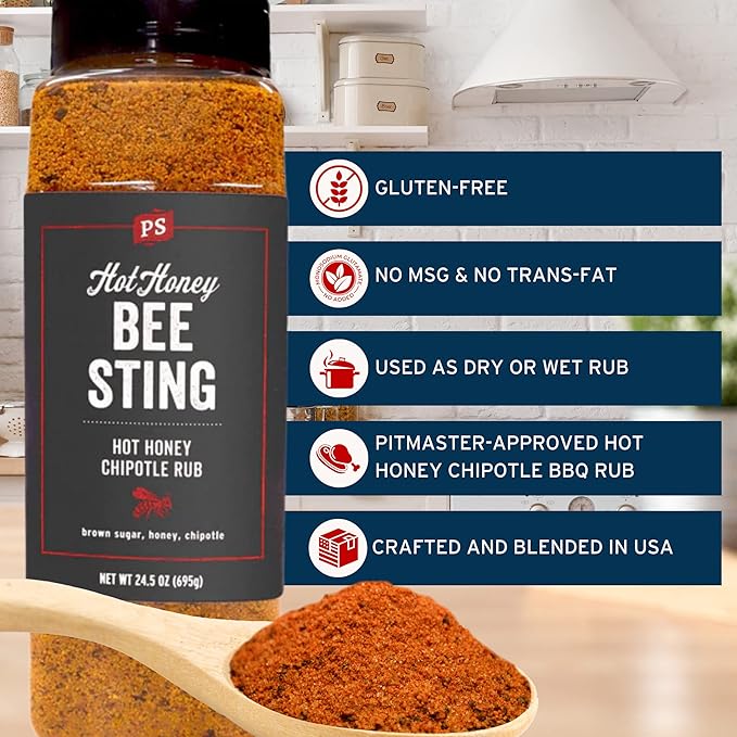PS Seasoning Bee Sting - Hot Honey Chipotle BBQ Seasoning & Rubs for Smoking, Grilling, Baking