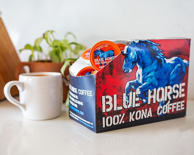 Blue Horse 100% Kona Coffee Pods, Medium Roast, 20ct Single Serve, Compatible with K Cups 2.0, Farm