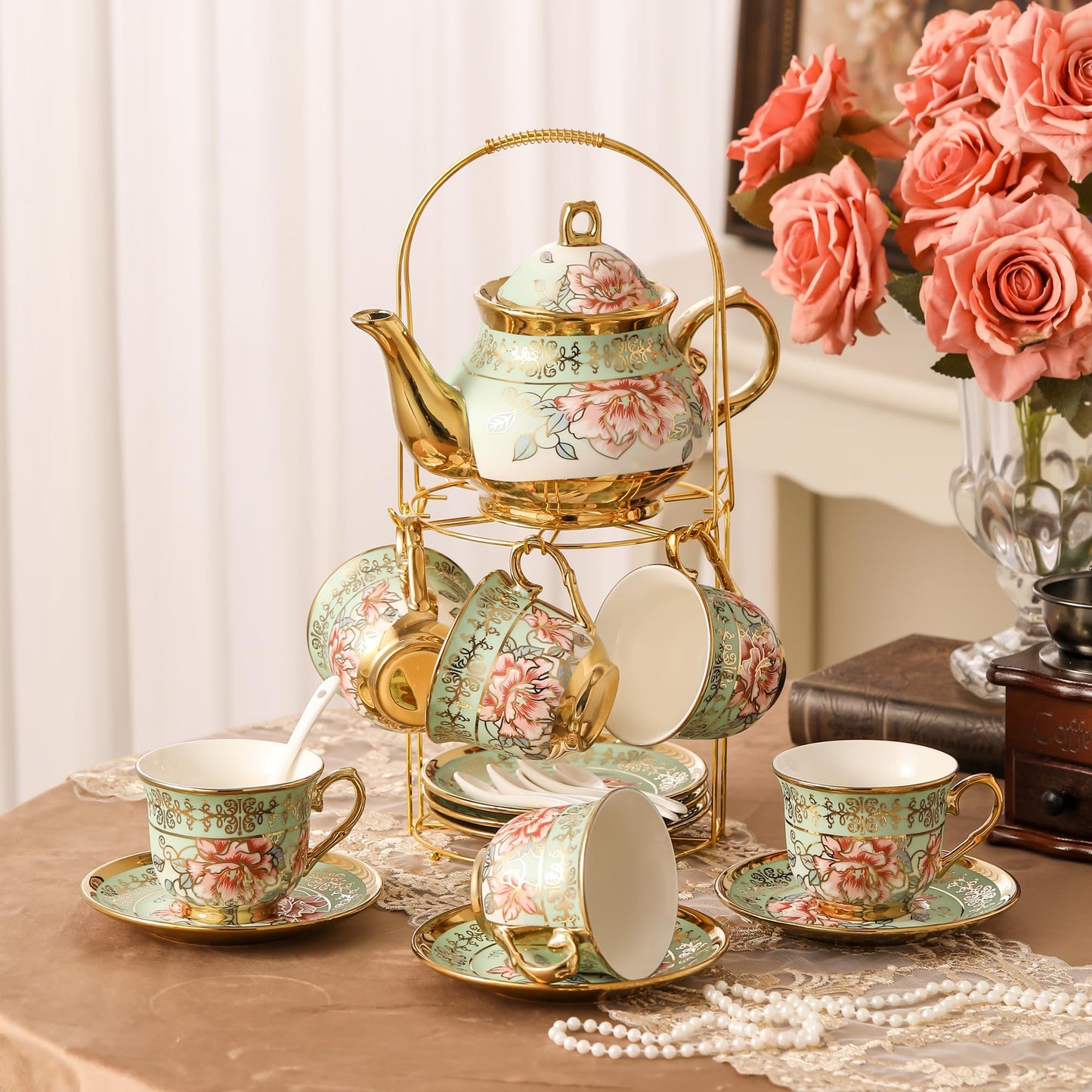20 Pieces Porcelain Tea Set With Metal Holder, European Ceramic tea set for adults,Flower Tea