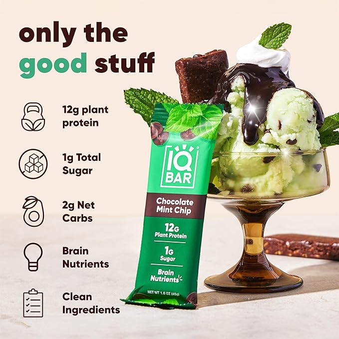 IQBAR Brain and Body Plant Protein Bars - Chocolate Mint Chip - 12-Count Low Carb - Gluten Free