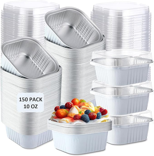 Aoriher 300 Pieces 10 oz Mini Cake Pans with Lids, Aluminum Foil Baking Cups, Square Disposable