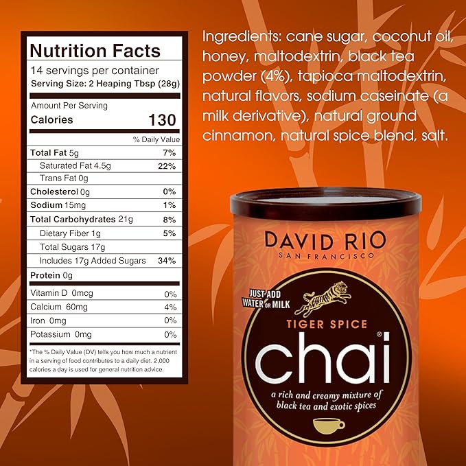 Tiger Spice Chai Tea Latte Mix, 14 Oz, Black Tea, Organic Spices, Dairy Free, Serve Hot or Cold