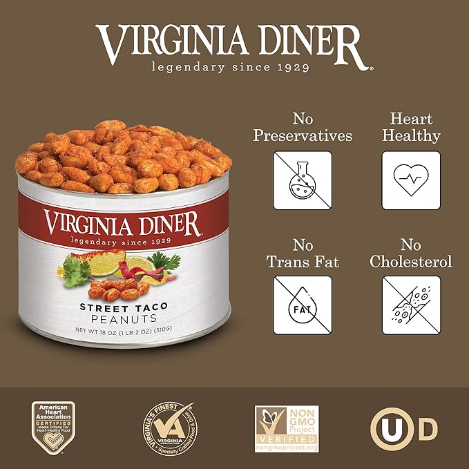Virginia Diner Flavored Peanuts: Gourmet Street Taco Seasoning, Virginia Nuts, 18 Ounce Tin