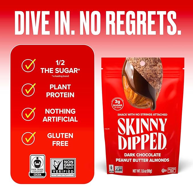 SkinnyDipped Dark Chocolate Peanut Butter Almonds, Healthy Snack, Plant Protein, Gluten Free, 3.5