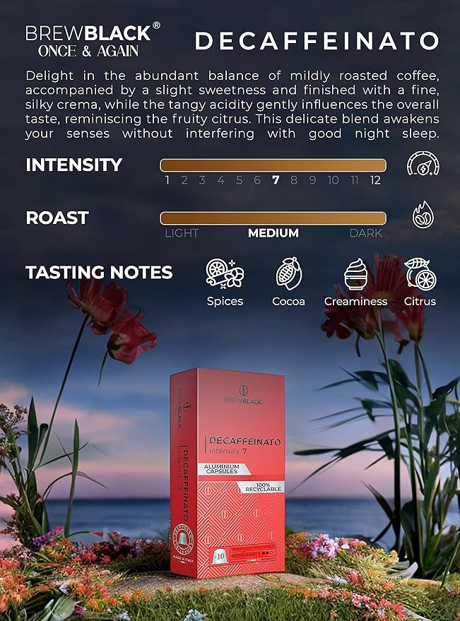 BrewBlack Decaffeinato Coffee Capsules - 50 Aluminum Coffee Pods Compatible with Nespresso Original