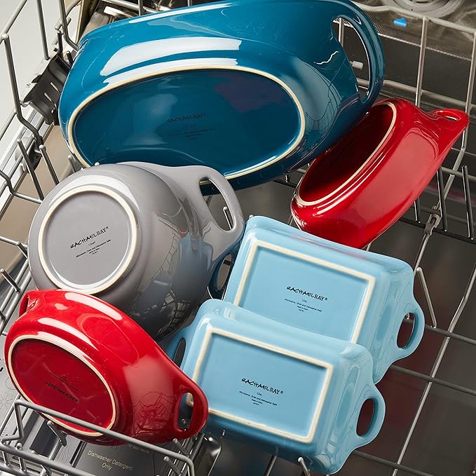 Rachael Ray Solid Glaze Ceramics Casserole Bakeware/Baker Set with Shared Lid, 3 Piece, Agave Blue