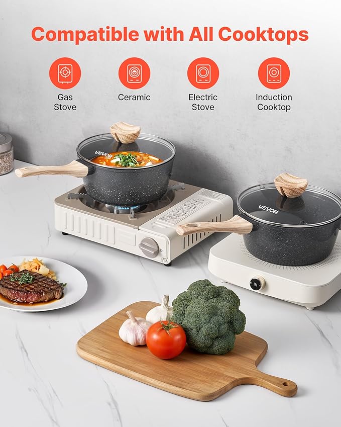 VEVOR 2.5 QT Saucepan, Nonstick Saucepan with Tempered Glass Lid, Multipurpose Cooking Sauce Pot