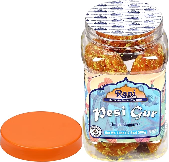 Rani Pesi Gur (Jaggery) Indian Unrefined Raw Cane Sugar 17.5oz (1.1lbs) 500g PET Jar ~ Gluten