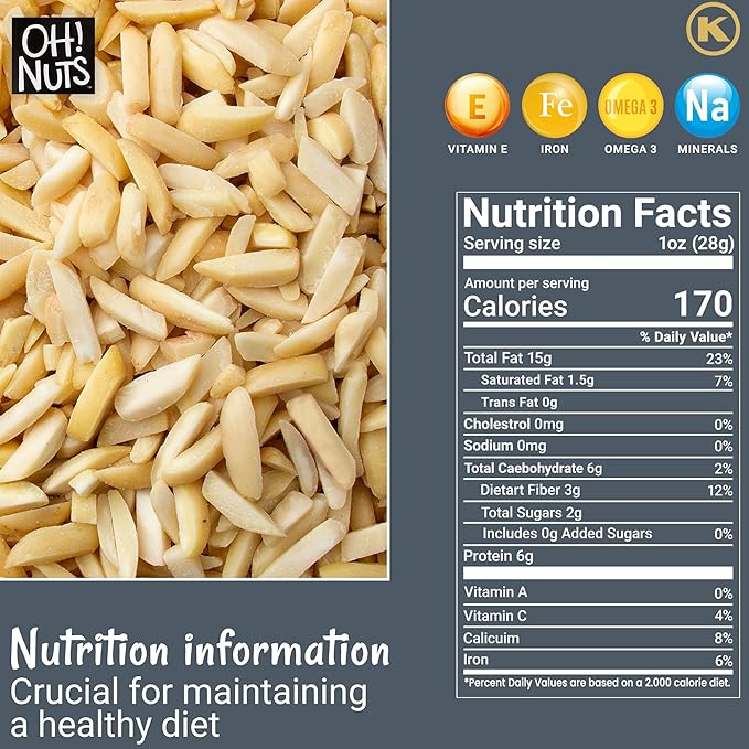 Oh! Nuts Almonds Blanched Slivered - Raw - 100% Natural - 1.5 lb - White Almond Sticks - Packed in