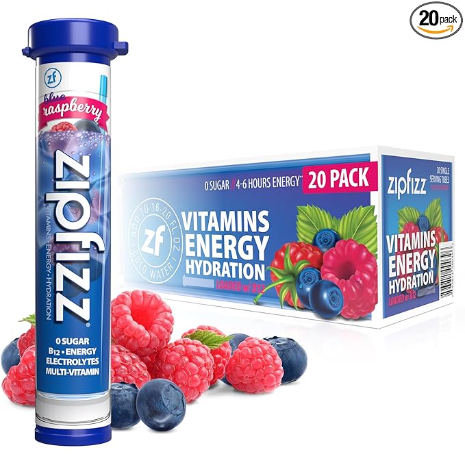 Zipfizz Daily Energy Drink Powder, Blue Raspberry, 20 Pack | 3-in-1 Sustained Energy, Rapid