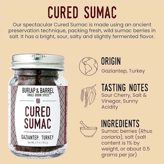 Burlap & Barrel Cured Sumac - Bright, Sour, Salty, Slightly Fermented Spice - Ground Sumac for