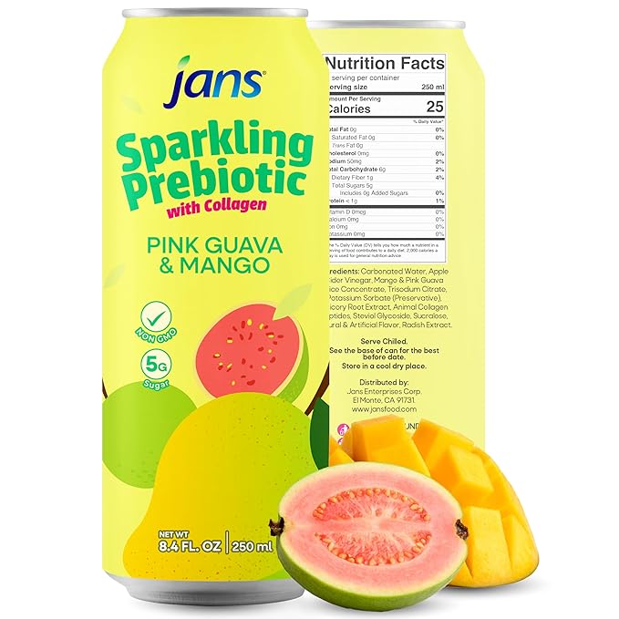 Jans Sparkling Prebiotic with Collagen Soda Beverage ??Pink Guava & Mango 8.4 Fl Oz (6-Pack) ??Low