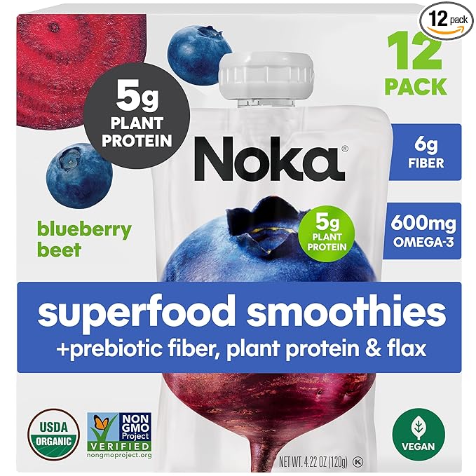 Noka Superfood Fruit Smoothie Pouches, Blueberry Beet, Healthy Snacks with Flax Seed, Prebiotic