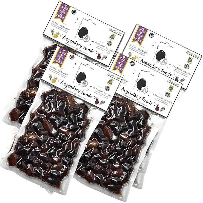 Pack of 4 Kalamon Olives in Vacuum Pack, Kalamata Olives with Greek Oregano and Red Wine Vinegar