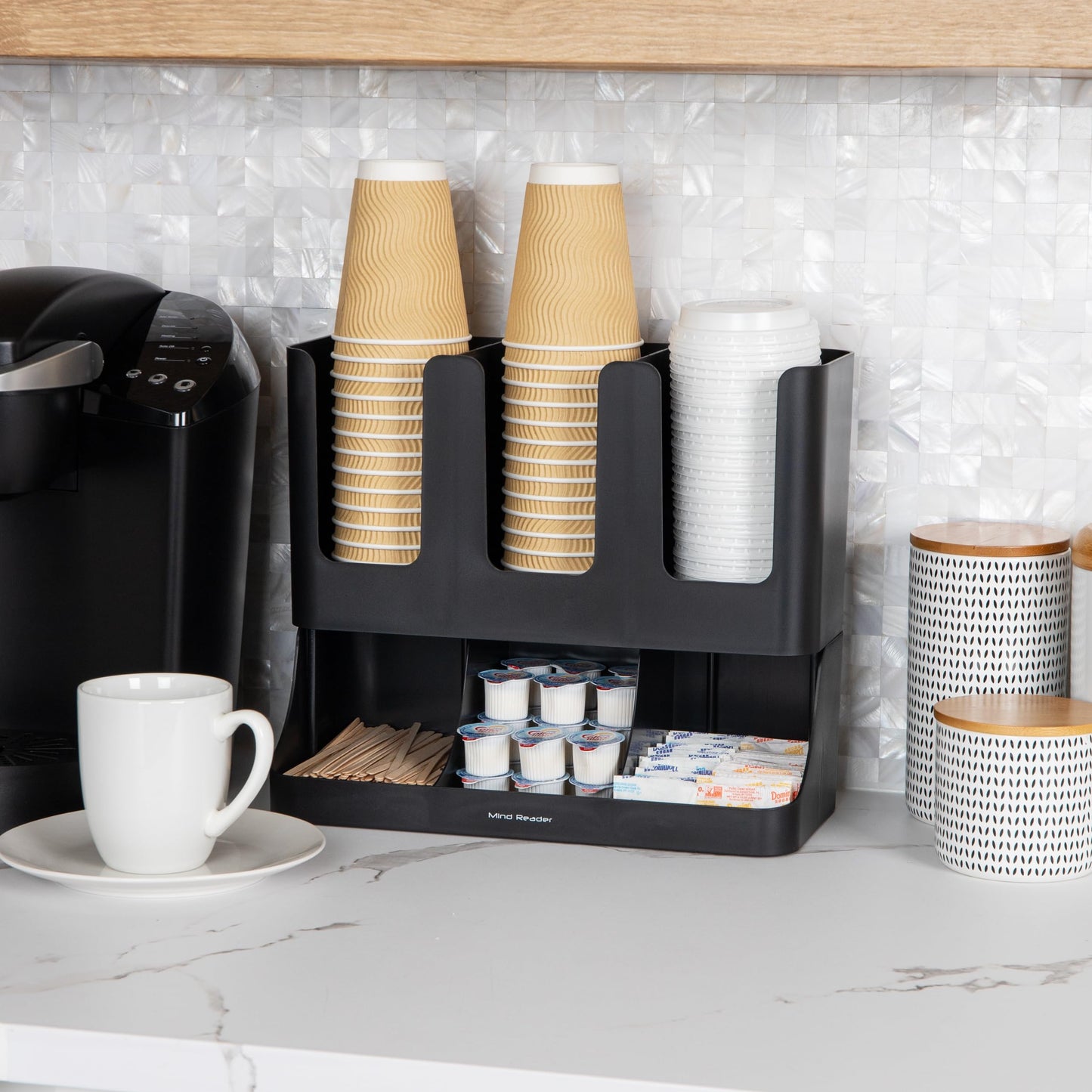 Mind Reader Condiment Station, 13 Inch Countertop Coffee Bar Organizer with 6 Compartments, Storage