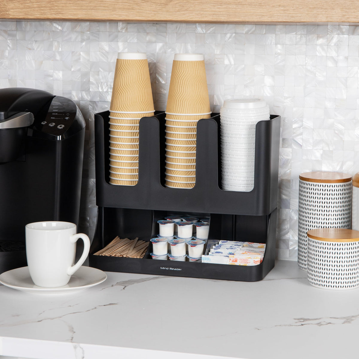 Mind Reader Condiment Station, 13 Inch Countertop Coffee Bar Organizer with 6 Compartments, Storage