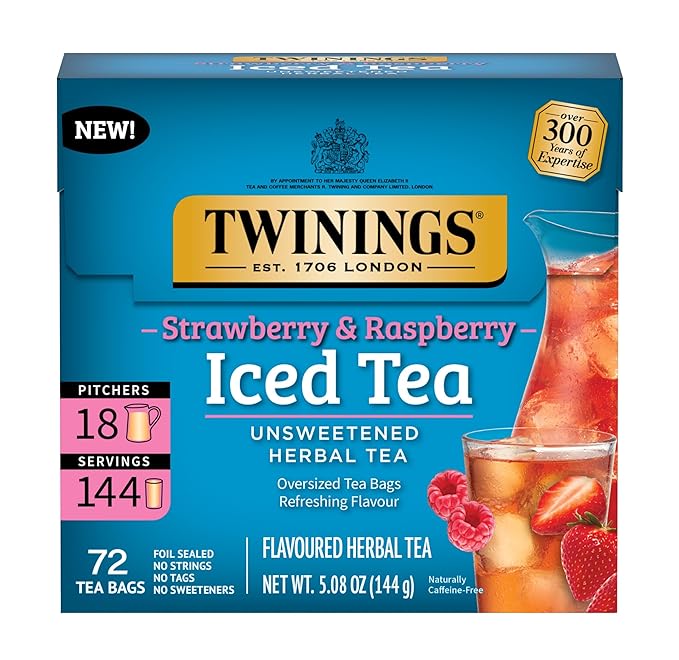 Twinings Strawberry & Raspberry Herbal Iced Tea, 72 Oversized Tea Bags, Makes 18 Pitchers or 144