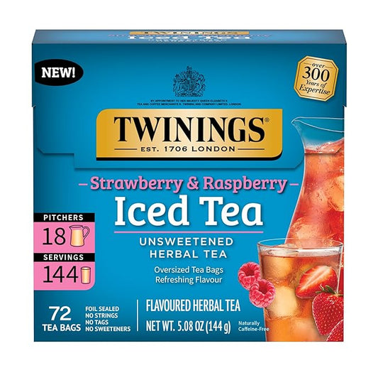 Twinings Strawberry & Raspberry Herbal Iced Tea, 72 Oversized Tea Bags, Makes 18 Pitchers or 144