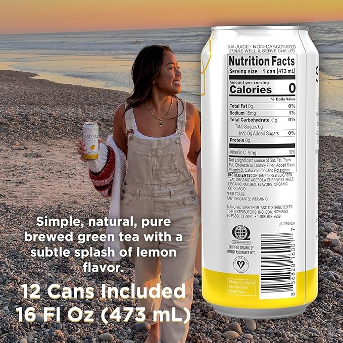 Steaz - Organic Green Tea - Unsweetened Lemon (12 Pack) - Antioxidant Brew - 65mg Natural Caffeine