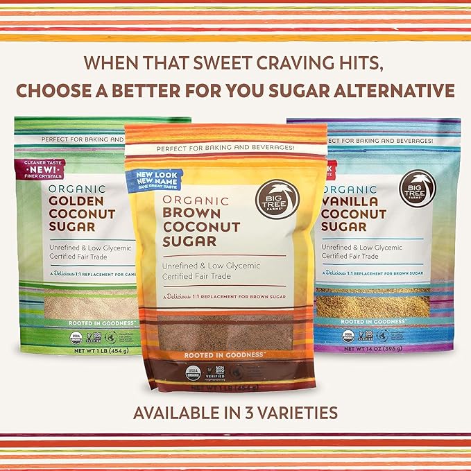Big Tree Farms Organic Brown Coconut Sugar - Coconut Palm Sugar, Unrefined, Fine Crystals, Cane