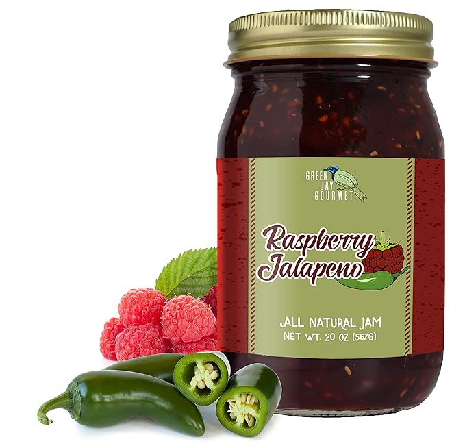 Green Jay Gourmet Raspberry Jalapeno Jam - All-Natural Raspberry Jam with Red Raspberries, Jalapeno