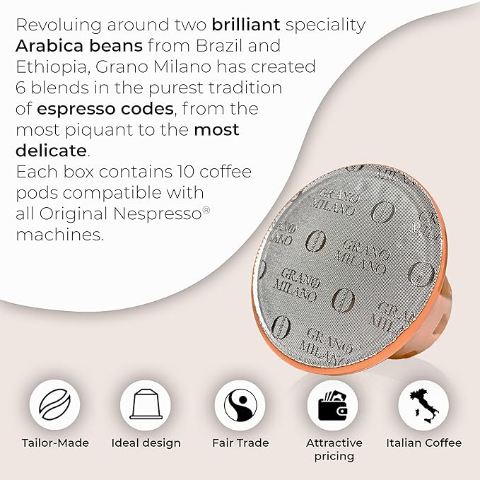 Grano Milano Lungo - 50 Espresso Pods Compatible with Nespresso Original line, 100% Arabica Medium