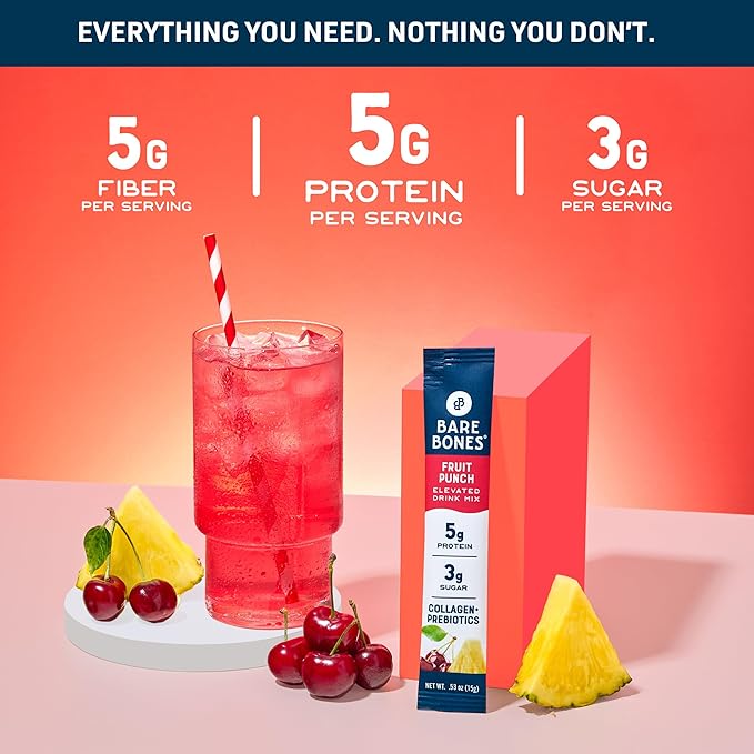 Bare Bones Fruit Punch Elevated Drink Mix | Collagen & Prebiotics | Gluten-Free & Naturally