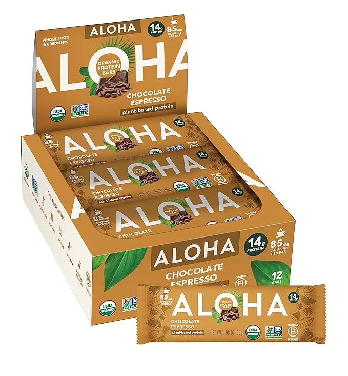 ALOHA Organic Plant Based Protein Bars - Chocolate Espresso (85mg Caffeine) - 12 Bars, Vegan, Low