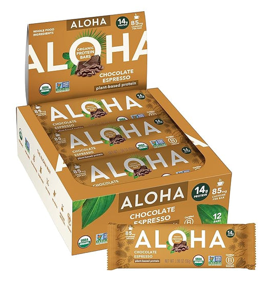 ALOHA Organic Plant Based Protein Bars - Chocolate Espresso (85mg Caffeine) - 12 Bars, Vegan, Low