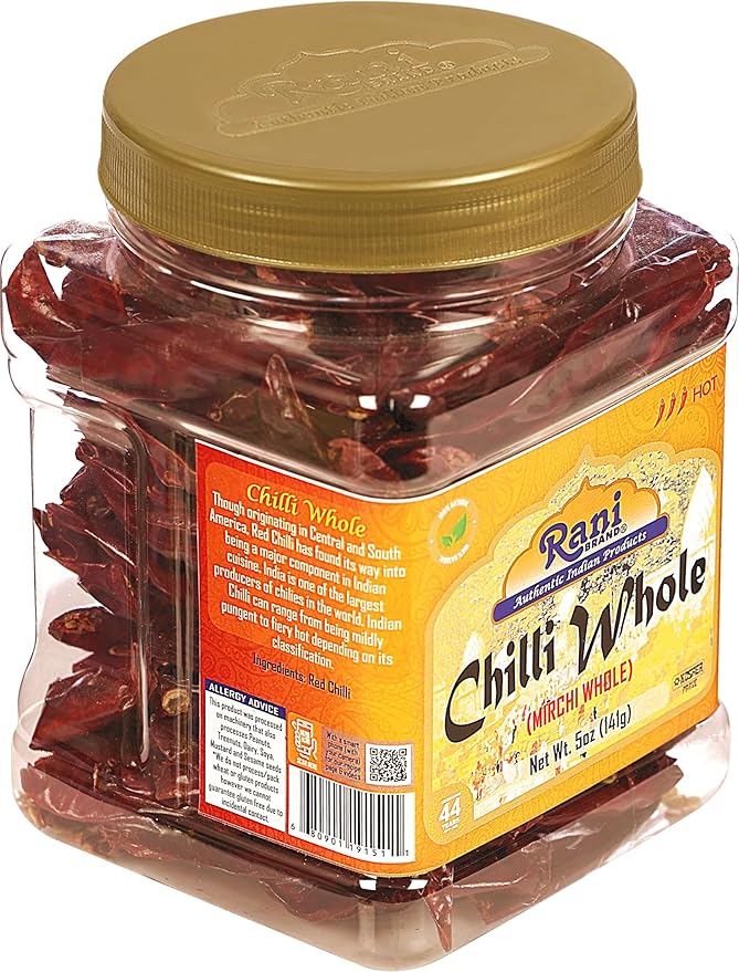 Rani Chilli Whole (Lal Mirch Sabut) 5oz (141g) PET Jar ~ All Natural, Salt-Free | Vegan | No Colors