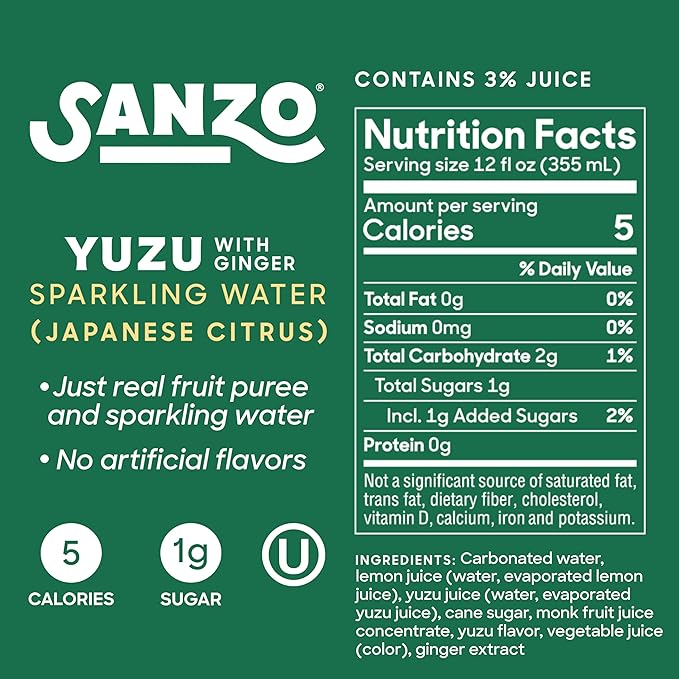 Sanzo Flavored Sparkling Water - Yuzu Lemon Soda Ginger Seltzer - Low Calorie Low Sugar Soda