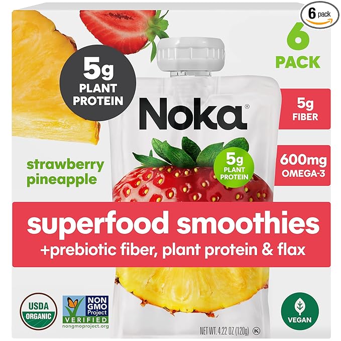 Noka Superfood Fruit Smoothie Pouches, Strawberry Pineapple, Healthy Snacks with Flax Seed
