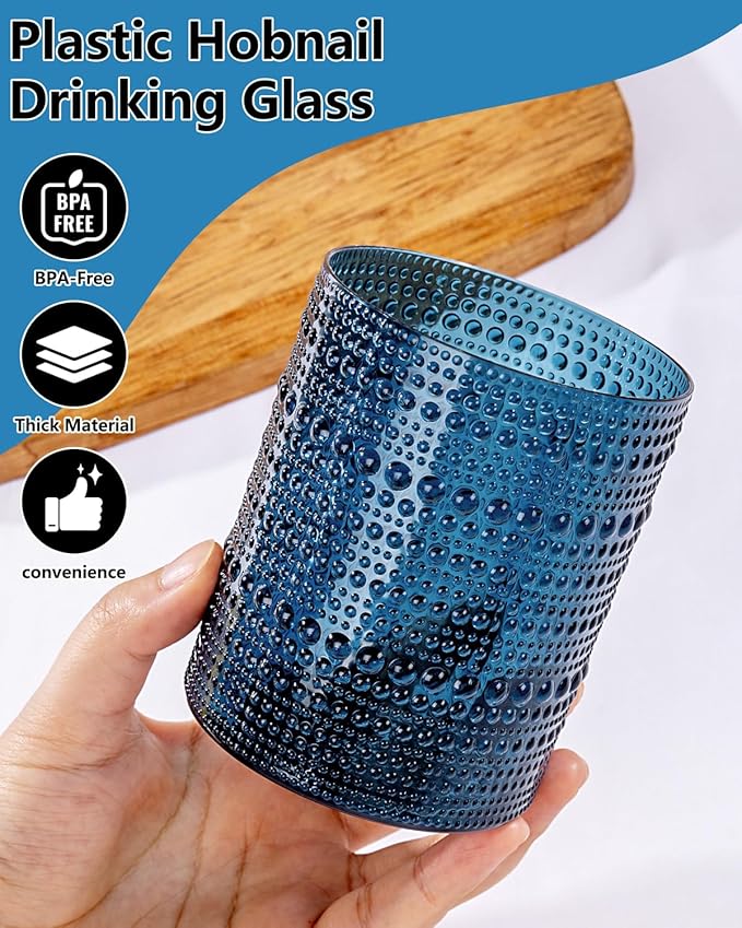 YOUBET 24PCS Plastic Drinking Glasses - 14OZ Blue Hobnail Drinkware Glasses - Vintage Glassware