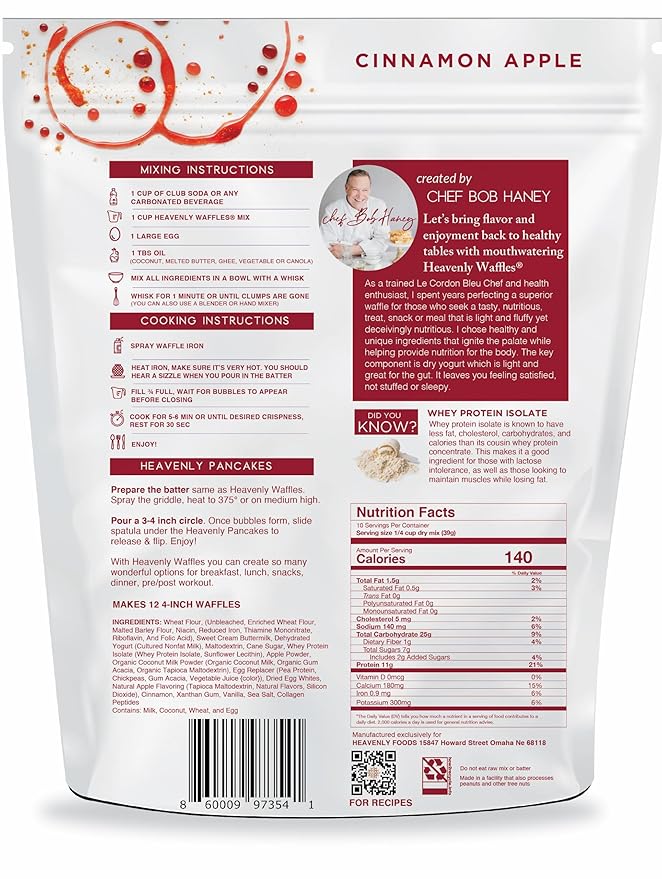 Heavenly Waffles짰 Mix, Cinnamon Apple, 11g Protein, Yogurt Based, Healthy and Nutritiously
