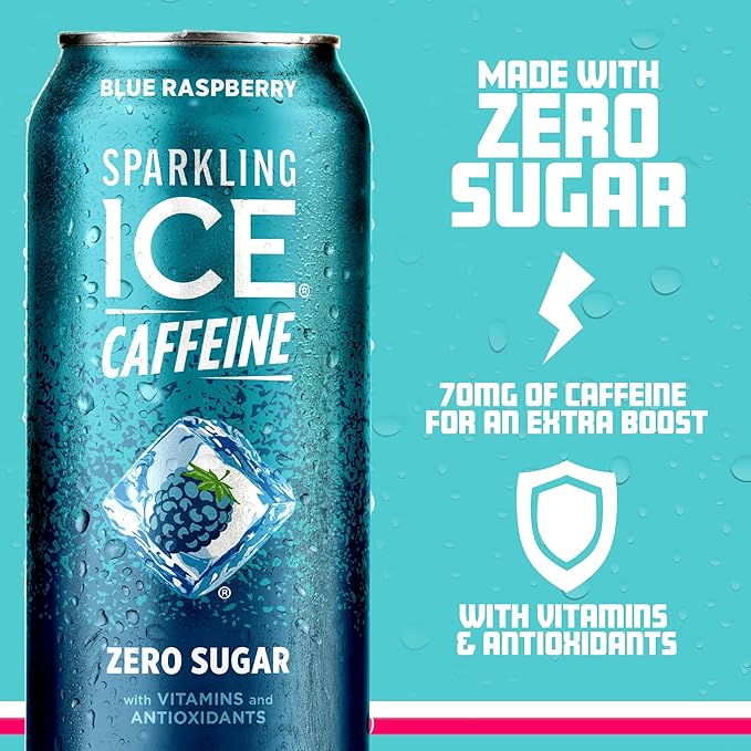 Sparkling Ice Caffeine Blue Raspberry Sparkling Water with Caffeine, Zero Sugar, with Antioxidants