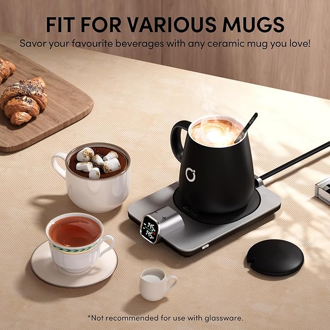 2Pcs Heated Coffee Mug Warmer & Mug Set - Heated Mug Warmer Plate with Auto Shut Off, 1°F Precise