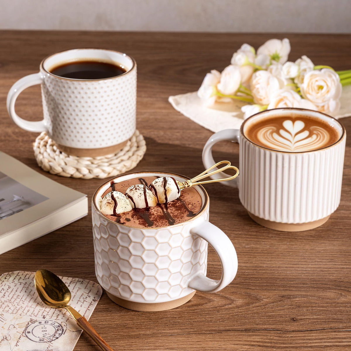 GBhome 12 OZ Stackable Coffee Mugs Set of 4, Ceramic Coffee Cups Set