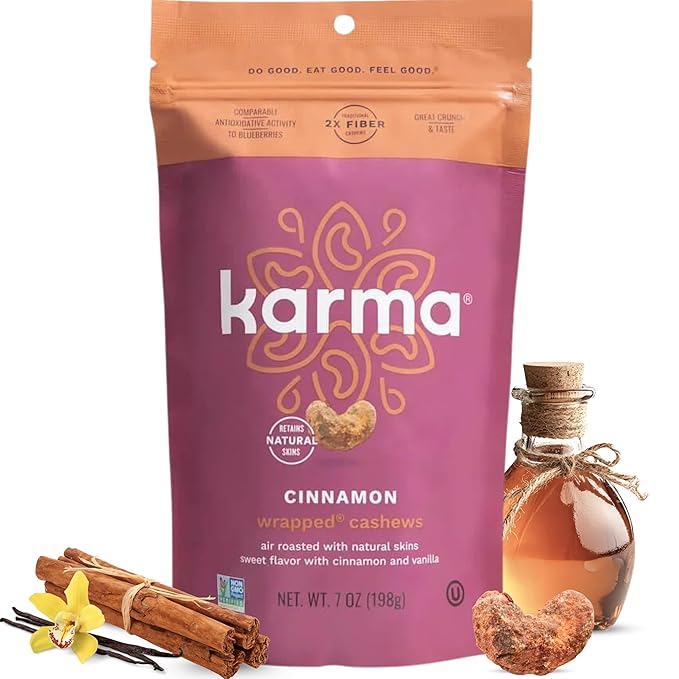Cinnamon Wrapped Whole Cashews by Karma Nuts, Sweet & Savory, Air Roasted with Natural Skins, 2X